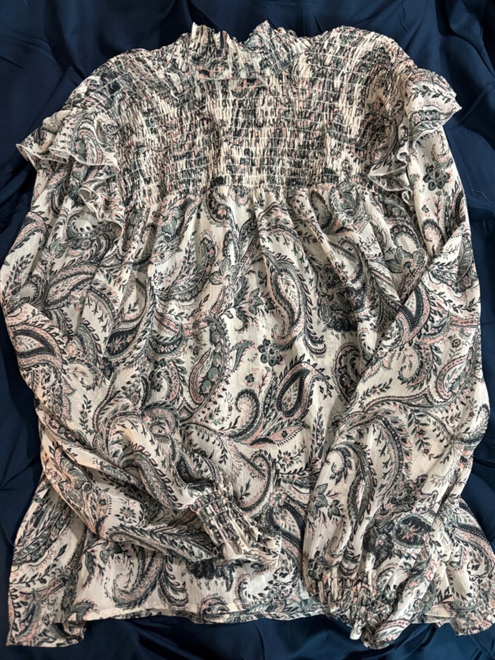 Smocked Paisley Long-Sleeve Blouse - Cream with Pink & Black